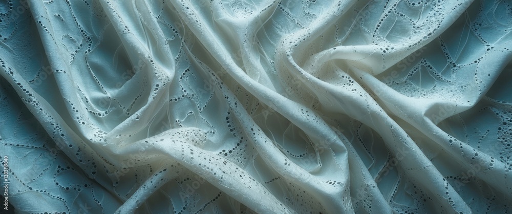 Poster white embroidered fabric with intricate patterns and textures, displayed in a draped arrangement hig