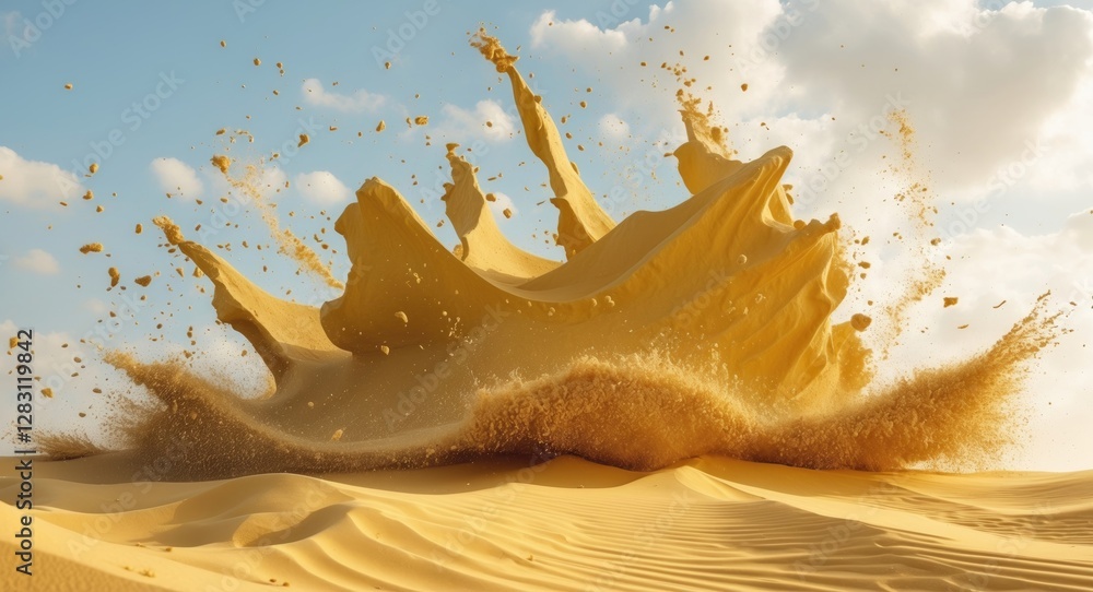 Poster dynamic sand splash creating abstract patterns in desert landscape under blue sky with scattered clo