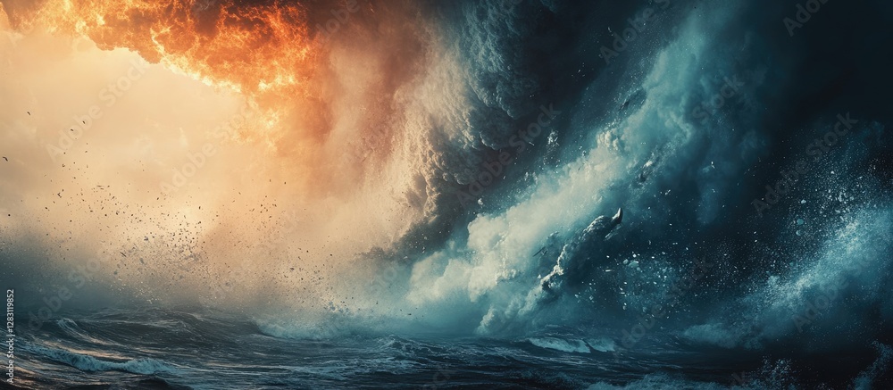 Poster dramatic ocean scene with dark turbulent waves crashing against a fiery orange sky on the horizon cr