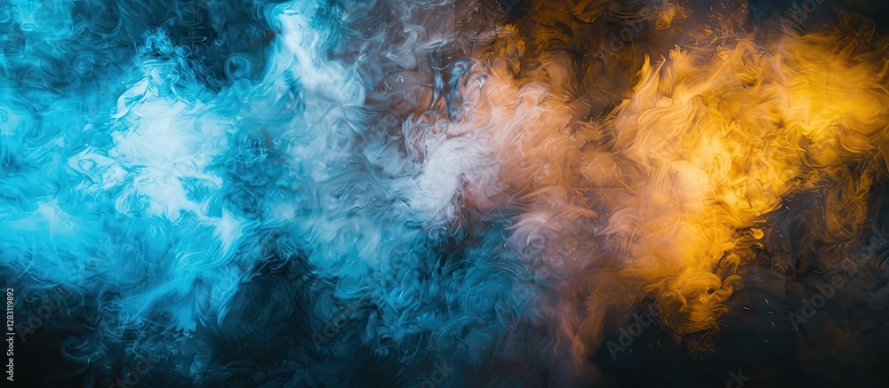 Poster vibrant blue and yellow steam clouds swirl dynamically against a dark background, featuring ample cu