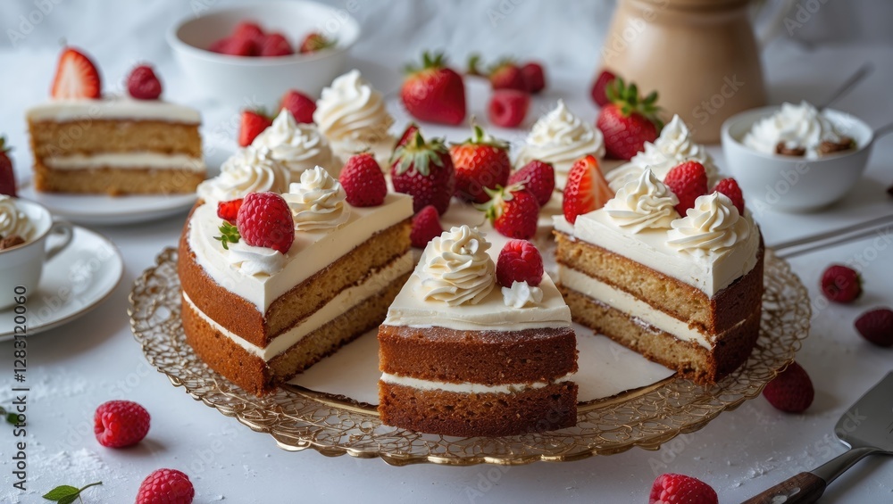 Poster layered vanilla cake with raspberry and strawberry toppings served on a decorative platter with fres
