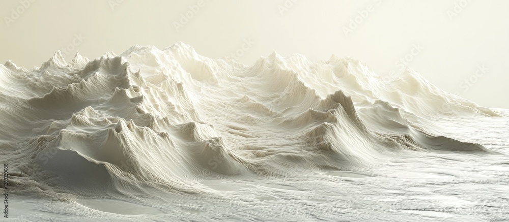 Poster serene abstract landscape in soft white and beige tones with gentle undulating waves and peaks, evok