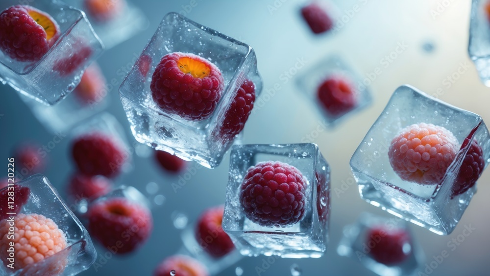 Poster raspberries frozen in ice cubes floating in water with bubbles and reflections creating a fresh and 