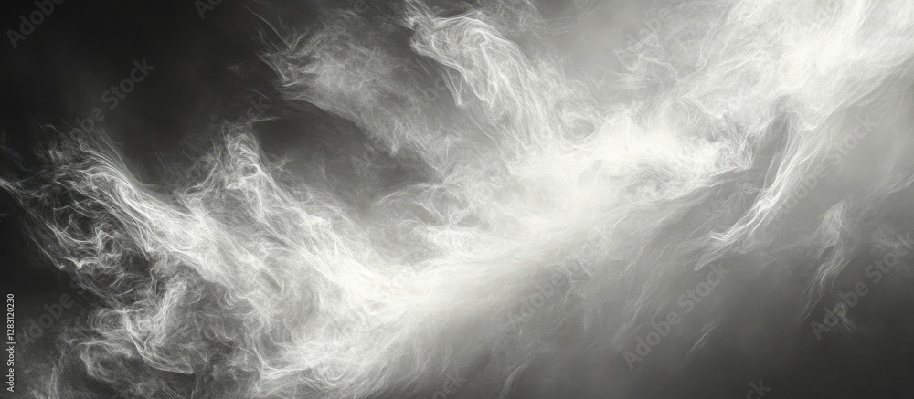 Leinwandbilder Hazy black and white image of soft swirling cirrus clouds against a dark backdrop, highlighting texture and ethereal movement within the atmosphere.