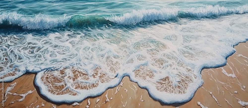 Poster a serene coastal scene featuring gentle turquoise ocean waves crashing onto a sandy beach, with intr