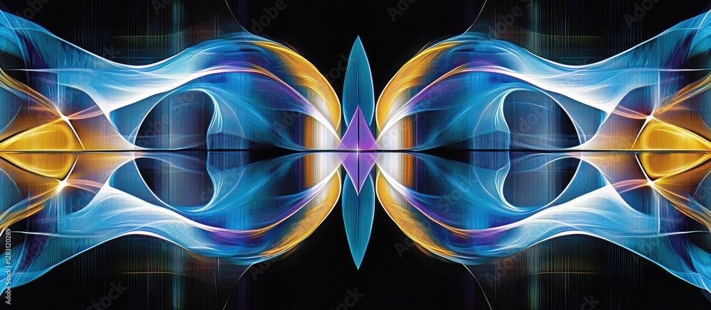 Poster vibrant abstract design of blue, silver, and gold neon laser lights creating dynamic patterns agains