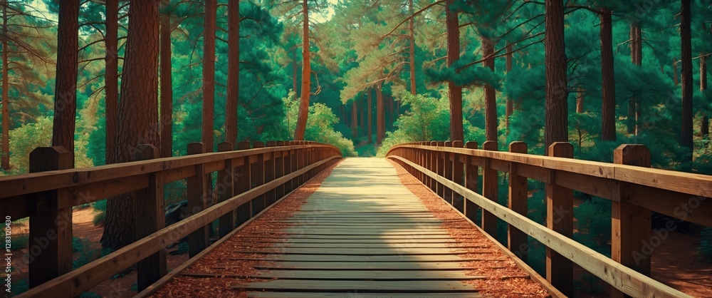 Poster wooden bridge pathway through dense green forest with sunlight filtering through trees in tranquil n