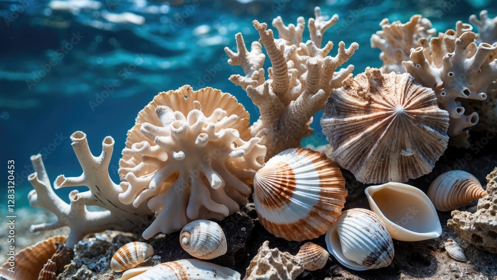 Poster underwater scene with various types of coral and seashells on ocean floor with clear blue water in t