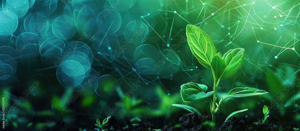Poster Young sprout emerging from dark soil against an organic green and blue digital background with geometric patterns and ample copy space.