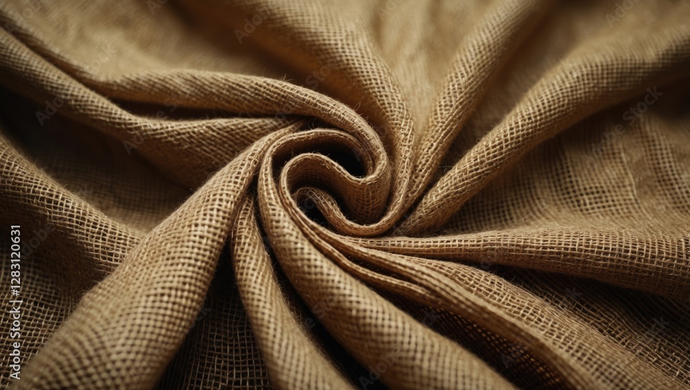 Poster brown burlap fabric texture with woven patterns and spiral fold details close-up for textile design 