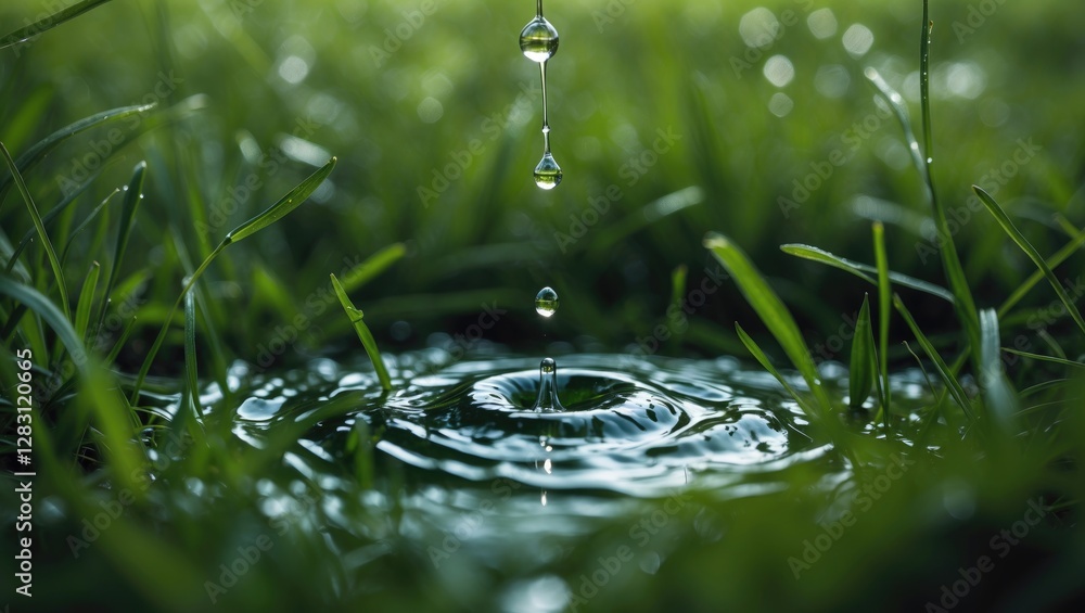 Poster macro shot of water droplets falling onto grass creating ripples in a small puddle with blurred gree