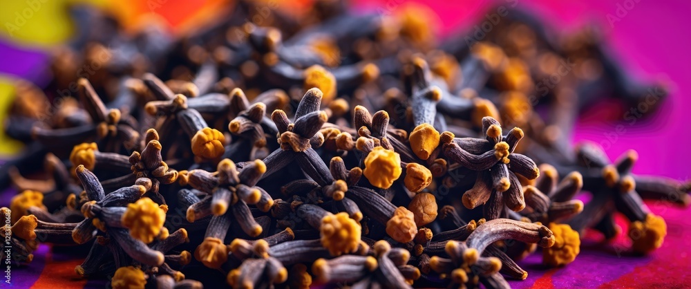 Poster close-up of dried cloves with vivid colorful background highlighting the unique textures and details