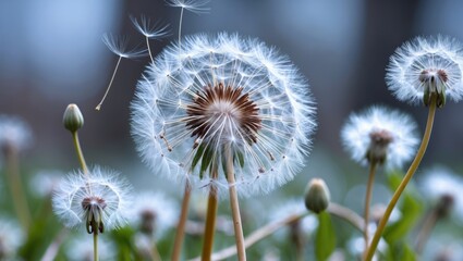 Close-up of dandelion seeds with one seed blowing away in a blurred natural background in soft focus photography
