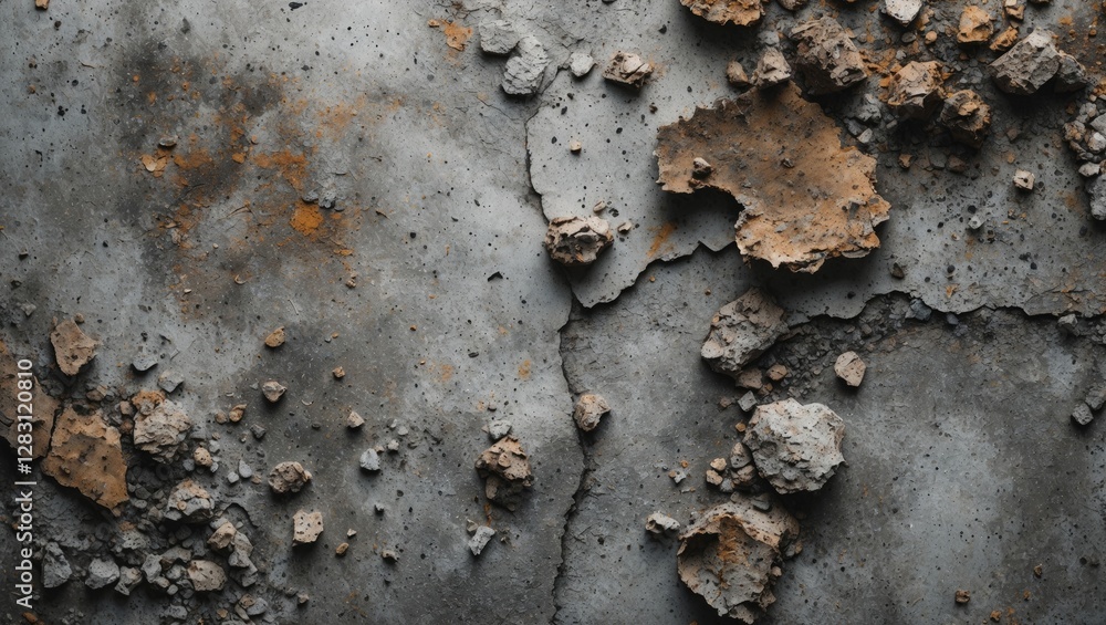 Poster concrete surface with rough texture showing cracks and patches of orange and gray debris