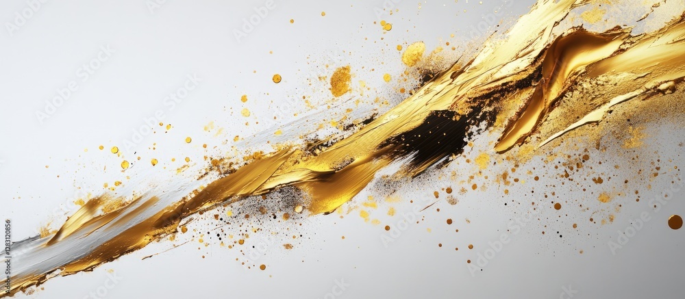 Poster dynamic gold paint splash with expressive brush strokes on a soft white background, creating an eye-