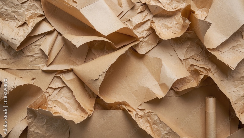 Poster crumpled and textured craft paper backdrop in various shades of brown with rolled paper elements in 