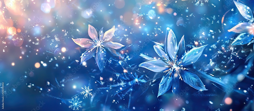 Poster vibrant blue winter background adorned with delicate snowflakes and shimmering lights creating a fes