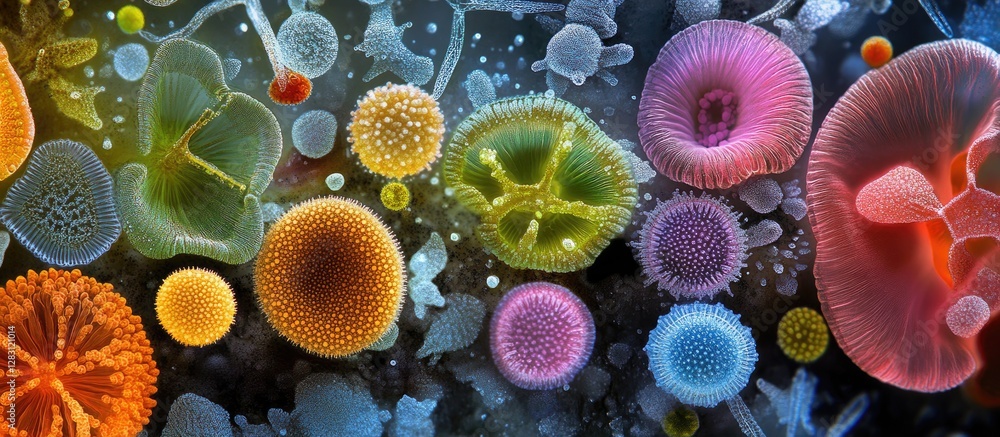 Poster vibrant illustration of colorful microorganisms displaying various shapes including spheres and clus