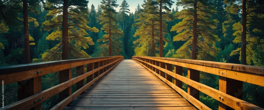 Poster wooden bridge extending through a dense forest with tall trees and lush greenery under soft sunlight