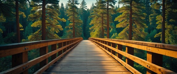 Wooden bridge extending through a dense forest with tall trees and lush greenery under soft sunlight during daytime