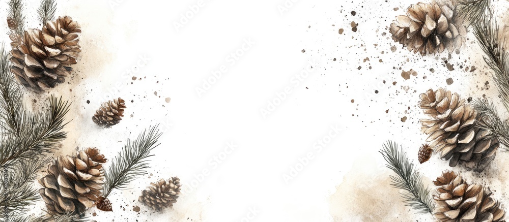 Poster Rustic pinecones and evergreen branches arranged symmetrically on a light background with soft browns and greens, creating a cozy seasonal feel.