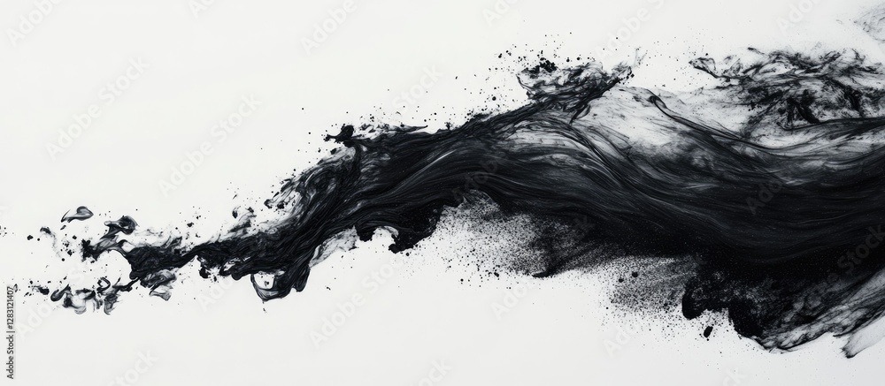 Aufkleber black activated charcoal spread dynamically across a clean white background showcasing intricate tex