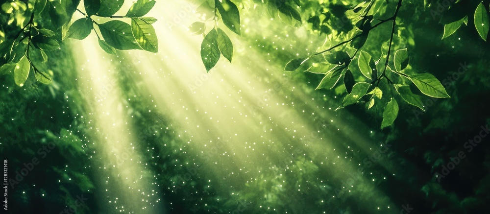 Fototapete Abstract green background with sunlight rays filtering through leaves creating a vibrant visual effect with bright light elements in the upper area.
