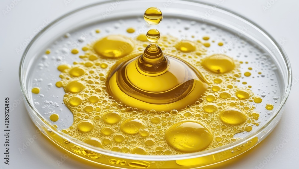 Poster yellow oil drop in petri dish with bubbles creating a reflective surface and smooth texture backgrou