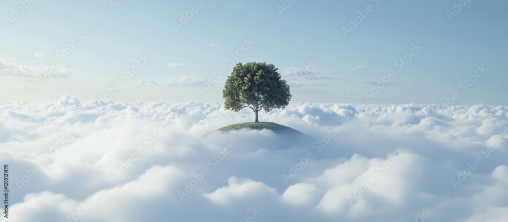 Aufkleber lone tree on a small hill amidst fluffy white clouds under a serene blue sky creating a tranquil and
