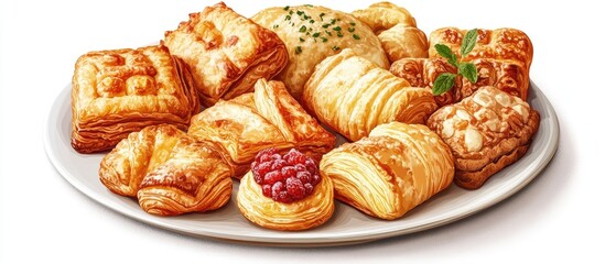 Fototapeta premium Assortment of golden puff pastry snacks arranged on a white plate featuring flaky textures with red jam and herbs adding color and elegance.