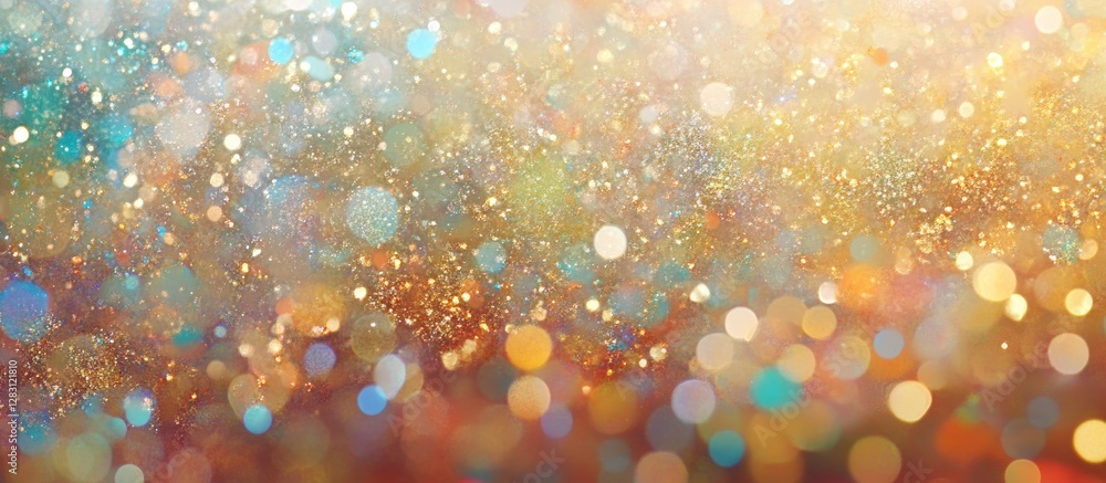 Poster abstract bokeh lights in golden, teal, and orange hues create a shimmering defocused background with