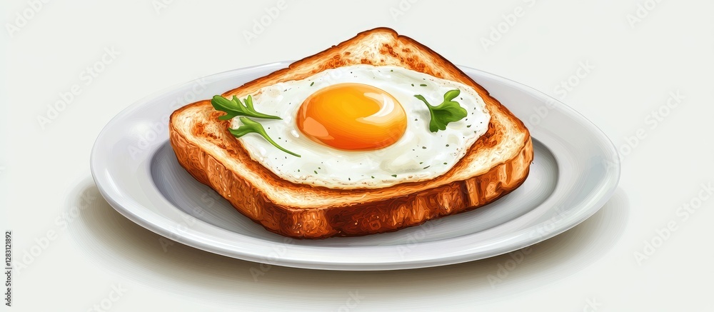 Poster Fried egg on whole grain toast with fresh microgreens on a white plate against a soft cream background creating a light and healthy breakfast scene