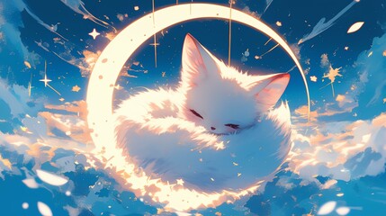 A serene white cat peacefully sleeping on a crescent moon under a starry sky.