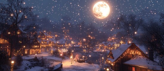 Fototapeta premium Wintry village scene illuminated by twinkling lights and festive decorations under a large full moon with falling snowflakes and cozy cottages.