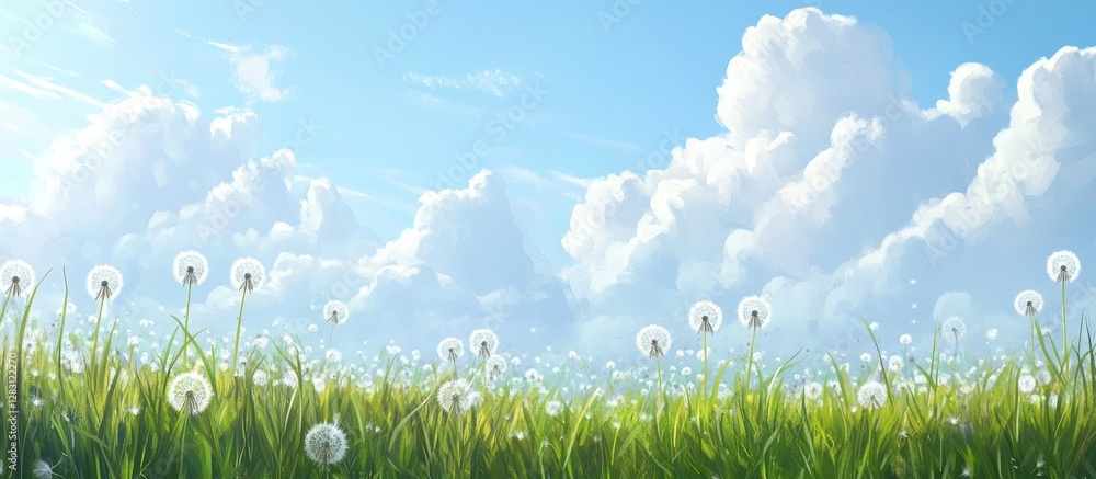 Poster spring meadow featuring vibrant green grass and white dandelions in the foreground with a soft blurr