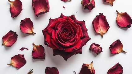Fototapeta premium Red rose flower with fallen petals arranged on white background.