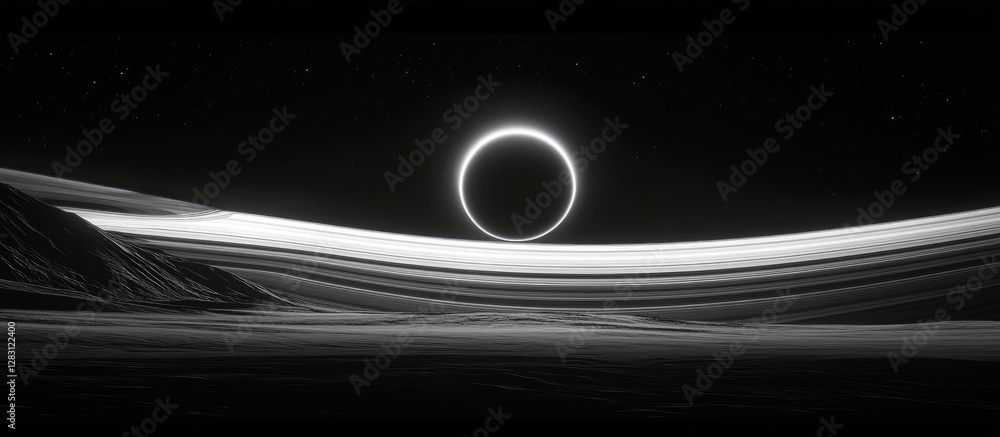 Poster stunning black and white image of a cosmic scene with a circular celestial body above smooth, undula