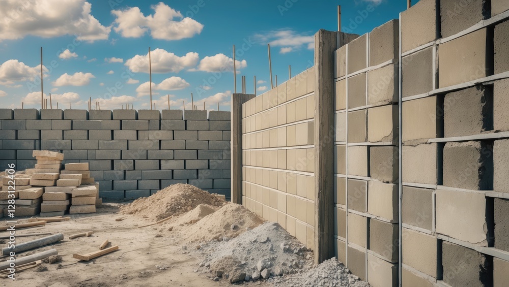 Poster construction site with stacked concrete blocks and piles of materials against a blue sky with clouds