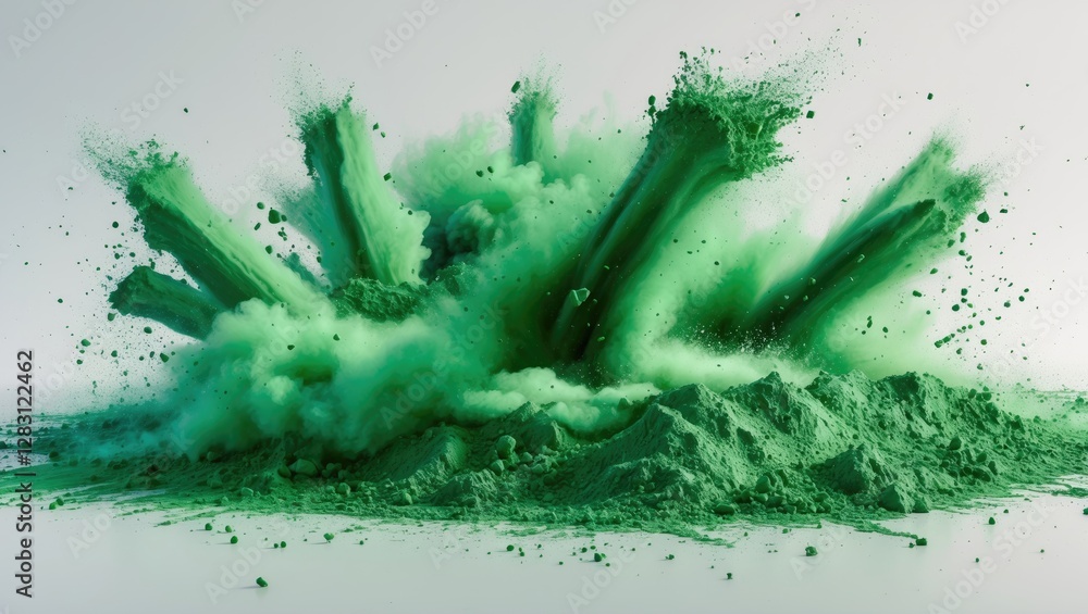 Poster dynamic explosion of vibrant green powder against a clean white background showcasing motion and tex