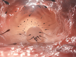 Sperm going for the egg.  Sperms on the way to egg cell. Male reproductive sperm entering the egg. Sperm pass through the cervical canal and uterine cavity into the fallopian tube