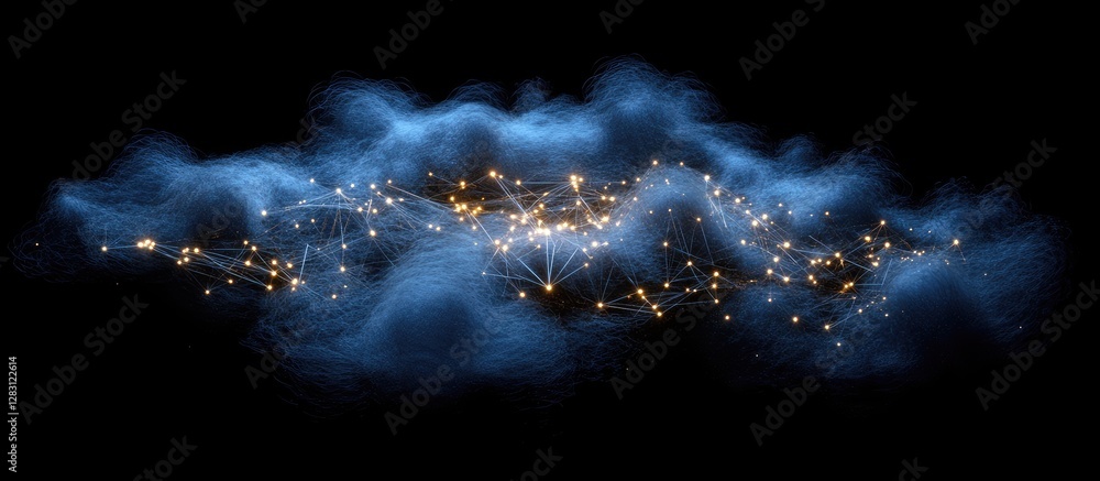 Poster Interconnected glowing nodes within a deep blue cloud against a black background illustrate a complex network of luminous relationships.