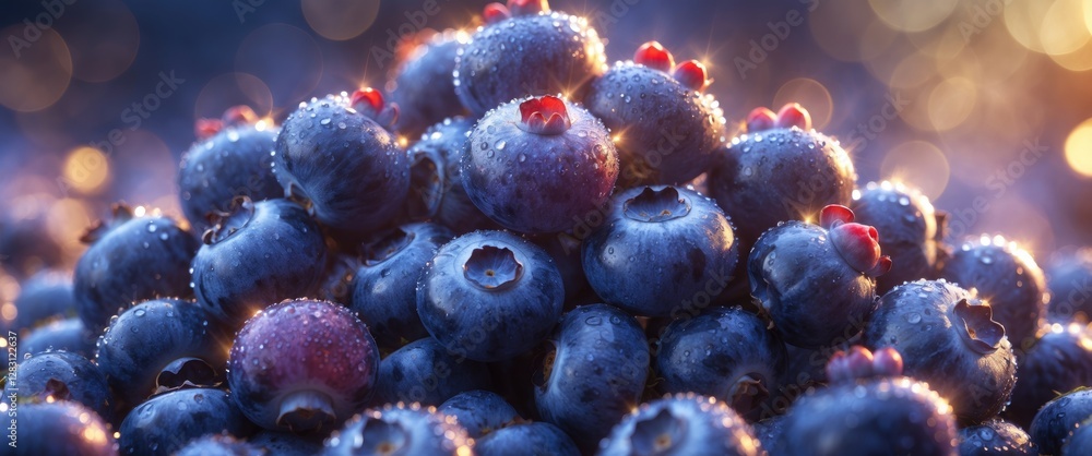 Poster close-up of fresh blueberries glistening with dew showcasing their rich color and texture in a natur