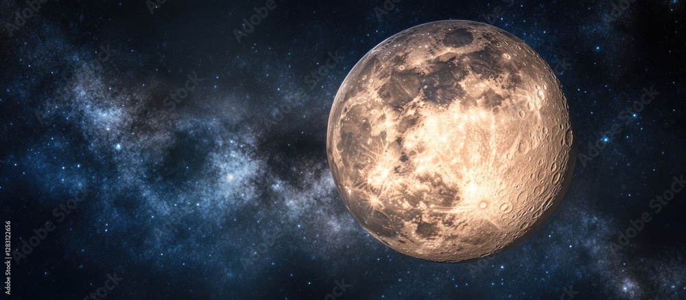Aufkleber Close-up of a bright yellow moon illuminated against a dark night sky with scattered stars and a hint of the Milky Way in the background.