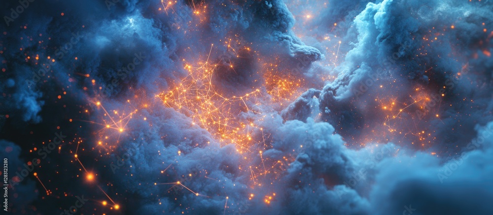 Leinwandbilder Luminous network of glowing connections in a blue and orange cloud with intricate details and soft edges illustrating complexity and relationships