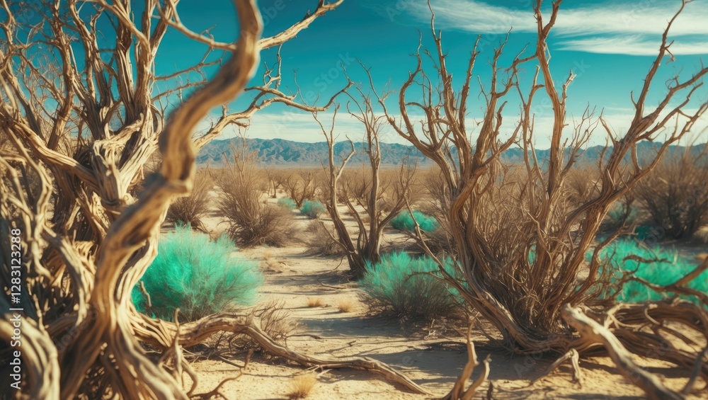 Poster desolate landscape with dry twisted trees and shrubs under a clear blue sky in a desert environment 