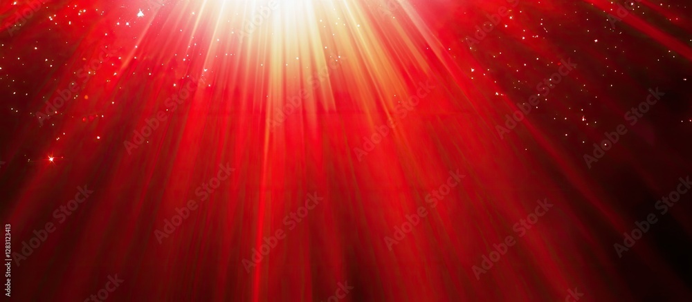Fototapete Abstract radiant red sun flare with bright beams extending downward against a dark background, featuring sparkles and gradients throughout the image.