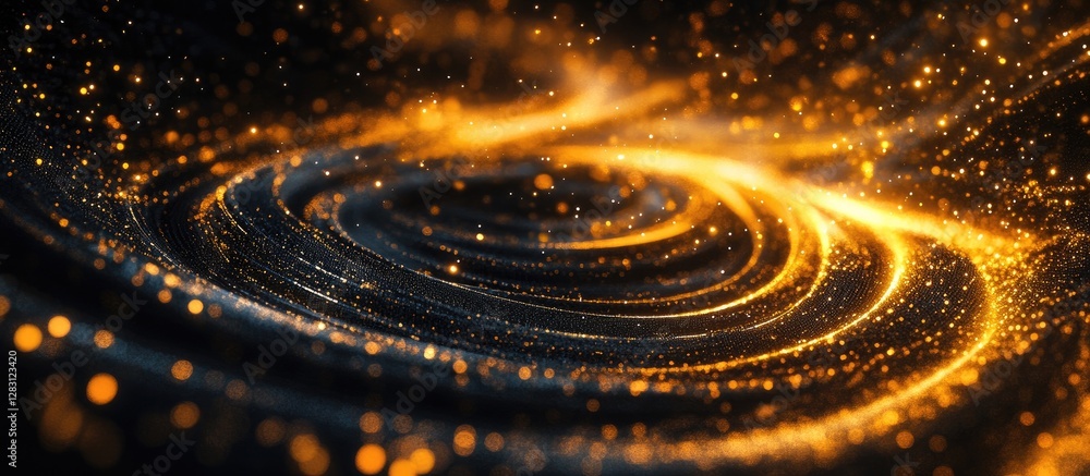 Poster Golden swirling particles create a mesmerizing abstract design on a dark background, conveying energy and elegance in motion at night.