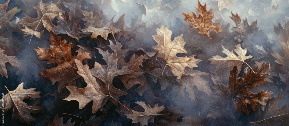 Poster close-up of autumn leaves in shades of brown and beige, partially obscured by a soft mist, creating 