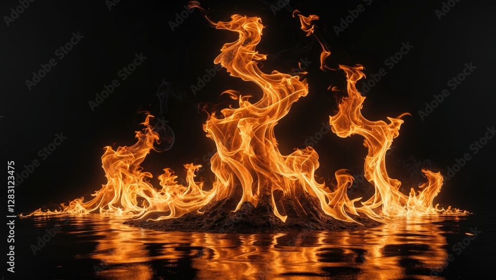Poster dynamic flames dancing on a reflective surface against a black backdrop creating an abstract fire bl