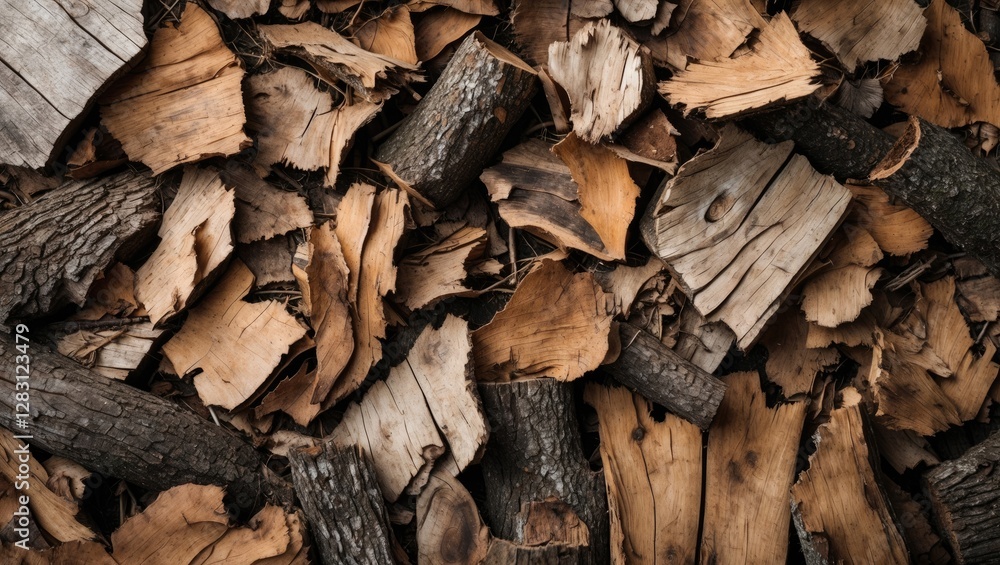 Poster wooden texture background featuring assorted pieces of bark and logs for nature and rustic themes. i